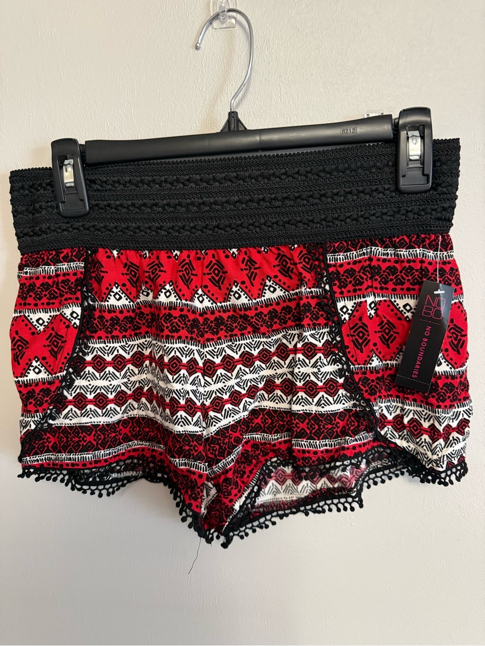 No Boundaries Red Black White Patterned Crochet Waistband Lounge Shorts